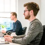 Zwei Männer sitzen in einem hellen Büro nebeneinander an Computern. Der Mann im Vordergrund hat eine Brille und tippt auf einer Tastatur. Im Hintergrund ist eine Pflanze auf dem Tisch zu sehen.